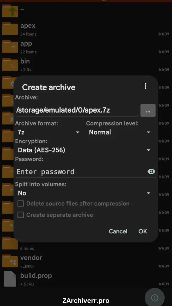 add password while compressing files in zarchiver