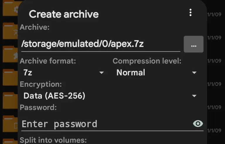 add password while compressing files in zarchiver